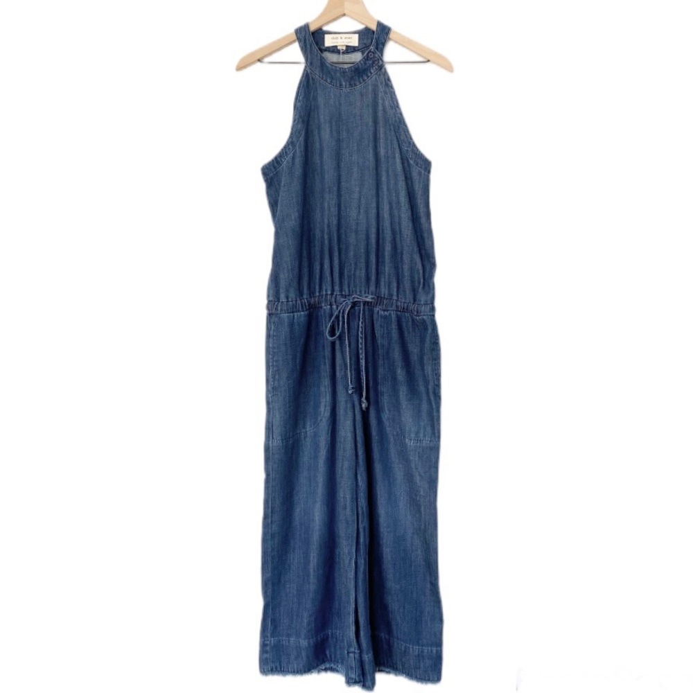 Cloth & Stone Bella Dahl Denim Wide Leg Jumpsuit Raw Hem High Neck Halter Romper - Picture 3 of 15
